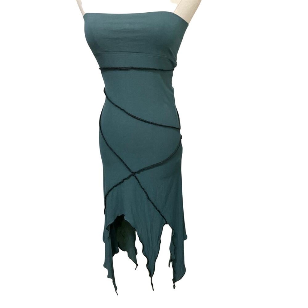 Abstractika Strapless Teal Midi Dress Skirt Asymmetrical Jagged Pixie Hem Small - Picture 2 of 8